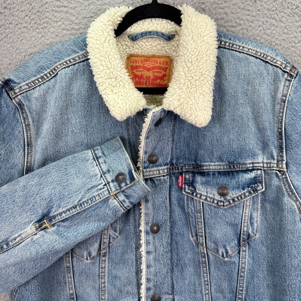 Levis Jean Jacket Mens L Blue Denim Sherpa Lined Workwear Grunge Trucker Rugged